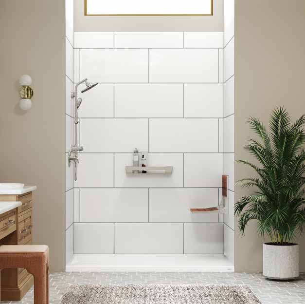 BathWraps&reg; Signature collection Textured Grout Horizontal Tile walls on an Easy Step shower pan with brushed nickel fixtures, a grab shelf and a hanging teak shower seat