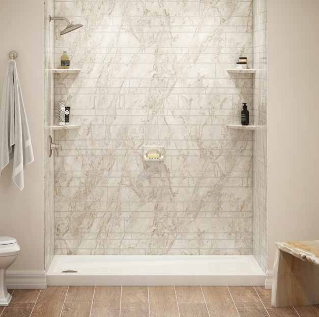 BathWraps&reg; Signature collection Coastal Sands stacked stone tile walls with an Alabaster White shower base and brushed nickel fixtures