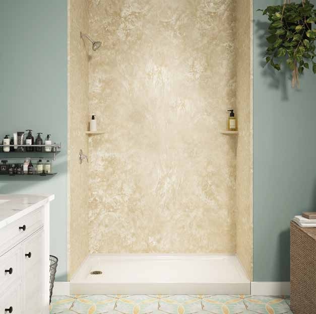 BathWraps&reg; Signature collection Moroccan Marble smooth walls with an Alabaster White shower base, corner shelves and chrome fixtures