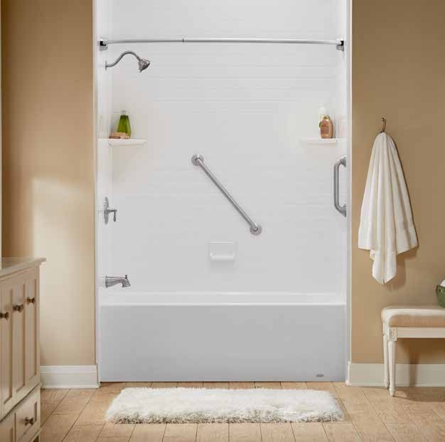 BathWraps&reg; Signature collection Alabaster White subway tile walls over a bathtub with a chrome grab bar and corner shelves