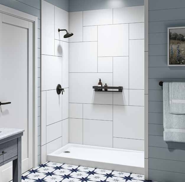 BathWraps&reg; Signature collection Textured Grout Random Tile walls in Alabaster White with gray grout lines, a standard shower pan and matte black fixtures